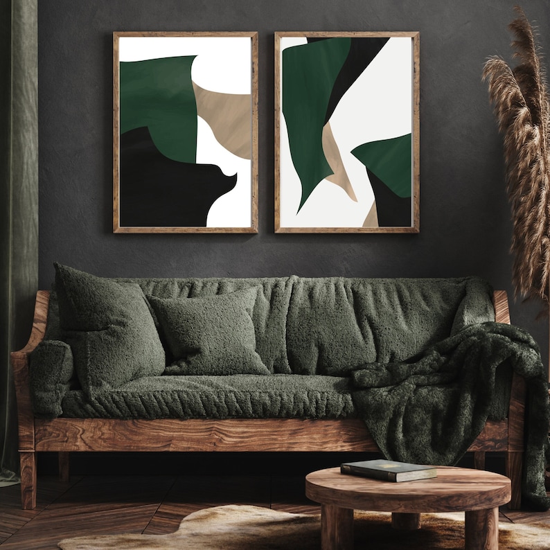 Dark Green Wall Art, Bedroom Wall Art, Living room Art, Emerald Jewel Green Set of 2 Piece Prints, Modern Abstract Minimalist Wall Artwork image 1