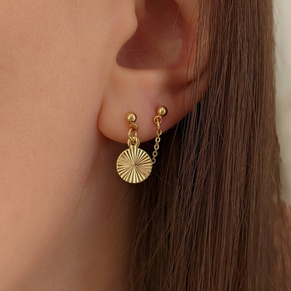 2 hole earrings, double piercing, gilded with fine gold, simple chain, minimalist