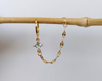 Double ear chain, single 2-hole earring, double piercing, gilded with fine gold, square Zircon, stainless steel.
