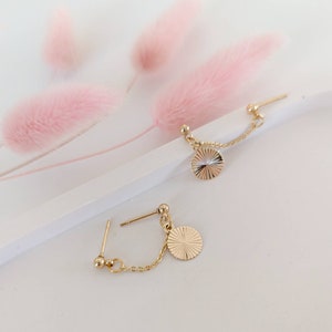 Boucles d'oreilles 2 trous, double piercing, doré à l'or fin, chaine simple, minimaliste image 4
