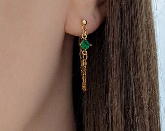 Boucles d'oreilles chaîne - pendantes - avant arrière - doré à l'or fin et zircon - mono boucle d'oreille - minimaliste - Junelou atelier