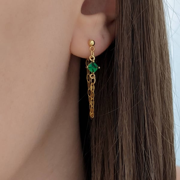Boucles d'oreilles chaîne - pendantes - avant arrière - doré à l'or fin et zircon - mono boucle d'oreille - minimaliste - Junelou atelier