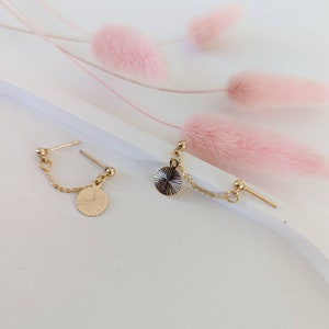 Boucles d'oreilles 2 trous, double piercing, doré à l'or fin, chaine simple, minimaliste image 5