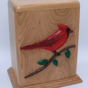 Carved Red Cardinal Cremation Urn cherry wood