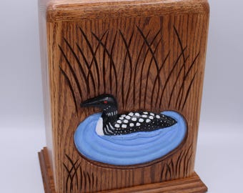 Hand carved Loon oak urn