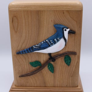 Carved Blue Jay Cremation Urn cherry wood