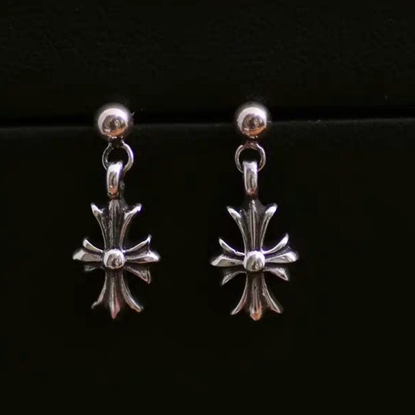 Chrome Hearts Style Cross Flower Earrings, Sterling Silver Earrings, Goth Jewelry Statement Earrings, Funky Cool Earrings