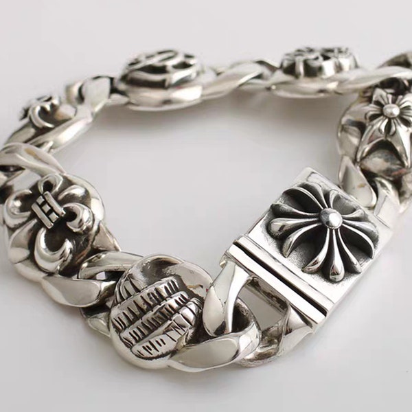 Chrome Hearts Bracelet,Sterling Silver Cuban Link Bracelet,Punk Scout Flower, Cross Flower Bracelets,Duo Bao Bracelet, Chrome Hearts Jewelry