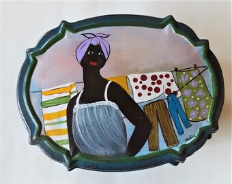 Keramik Kästchen Karibik Frau Wäsche, Acryl handgemalt Original Design von Nubia Bonilla