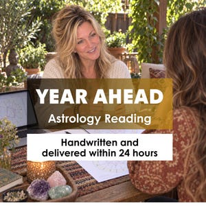 May include: An astrology reading service featuring a digital chart on a laptop screen and printed astrological diagrams on a wooden table. The text reads YEAR AHEAD Astrology Reading, Handwritten and delivered within 24 hours.