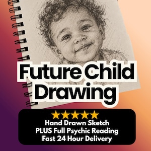 May include: A black and white pencil sketch of a young child with curly hair on a spiral-bound notepad. The text Future Child Drawing is displayed in bold black letters. A black banner features five yellow stars and white text.