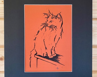 Original orange cat lino print signed and mounted