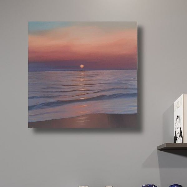 Sea Sunset Canvas Original Oil Painting Seascape Ocean Waves Wall Decor, One of a Kind Orange Sunset Wall Art, Unique Handmade Wall Art