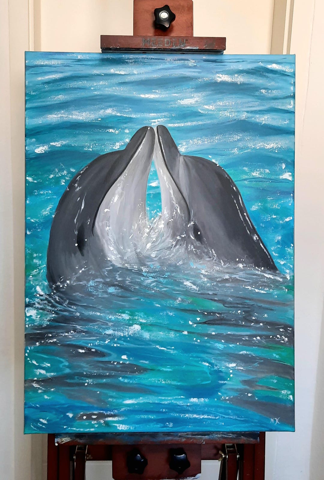 Original Two Dolphins Painting Sunlight Ocean Wall Art Seascape Artwork ...