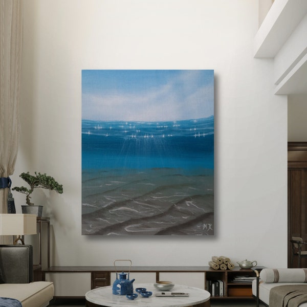 Peinture acrylique sous-marine bleue originale, peinture originale sur toile, art mural de paysage marin moderne pour salon, peinture de paysage marin de vague