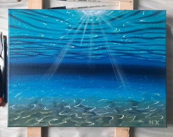 Original Blue Underwater Acrylic Painting, Original Painting on Canvas, Modern Seascape Bay Wall Art for Living Room, Seascape Wave Painting