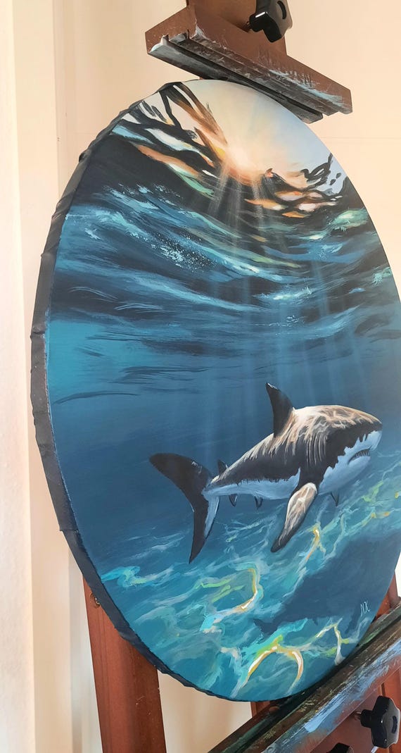 サメのオリジナル絵画、水中太陽光線の壁画、海景沿岸アート、家の海の