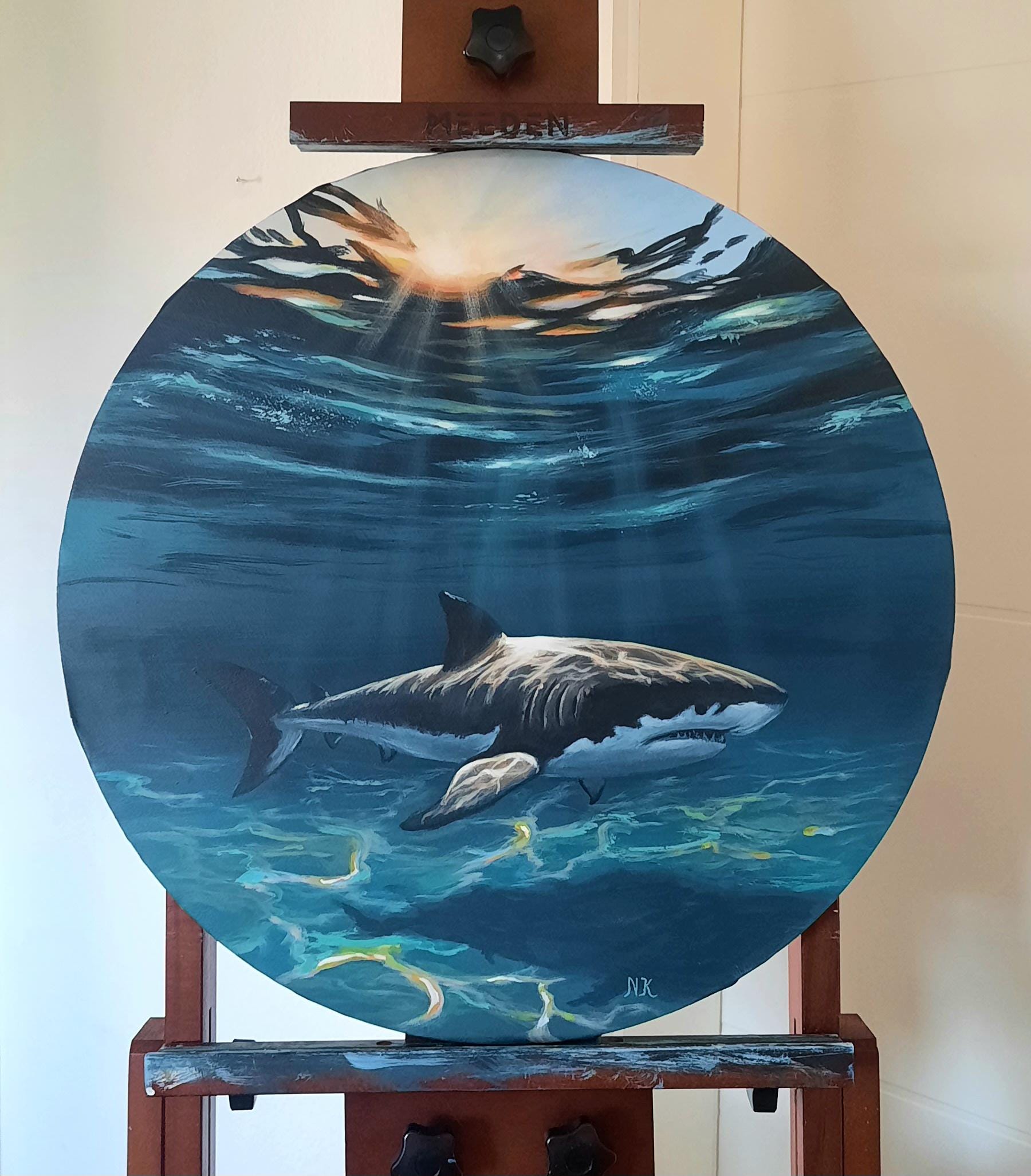 波とサメの油絵 サメのオリジナル絵画、水中太陽光線の壁画、海景沿岸アート、家の海の