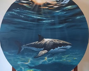 サメのオリジナル絵画、水中太陽光線の壁画、海景沿岸アート、家の海の