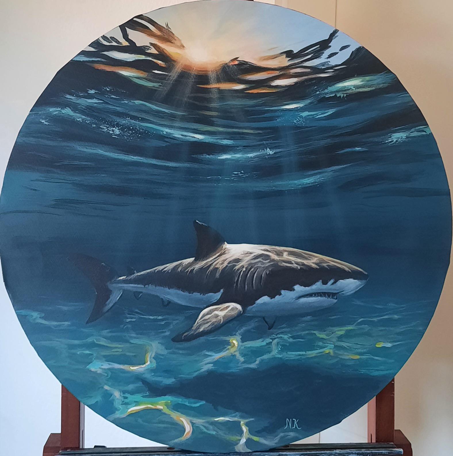 サメのオリジナル絵画、水中太陽光線の壁画、海景沿岸アート、家の海の