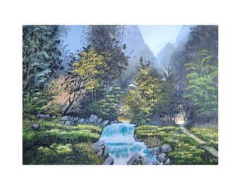 Original Landscape Morning Forest Painting Canvas for Living room, Waterfall Mountains Forest Original Painting, Wall Art Landscape Decor