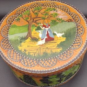 Vintage, Shaker Box, Wood, Four Finger, Large, Folk Art, Hand Painted, Signed, Farmhouse, Geese, Maiden, Orchard, House, Rare