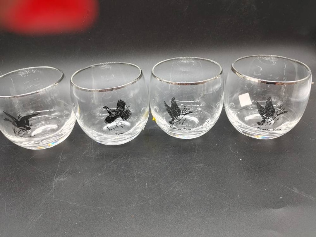 Vintage, Set of Four, Roly Poly, Glasses, Silver Rimmed, Canadian Geese ...