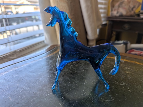Vintage, Blue Glass, Murano, Horse, Hand Blown Glass, Italy, Rare