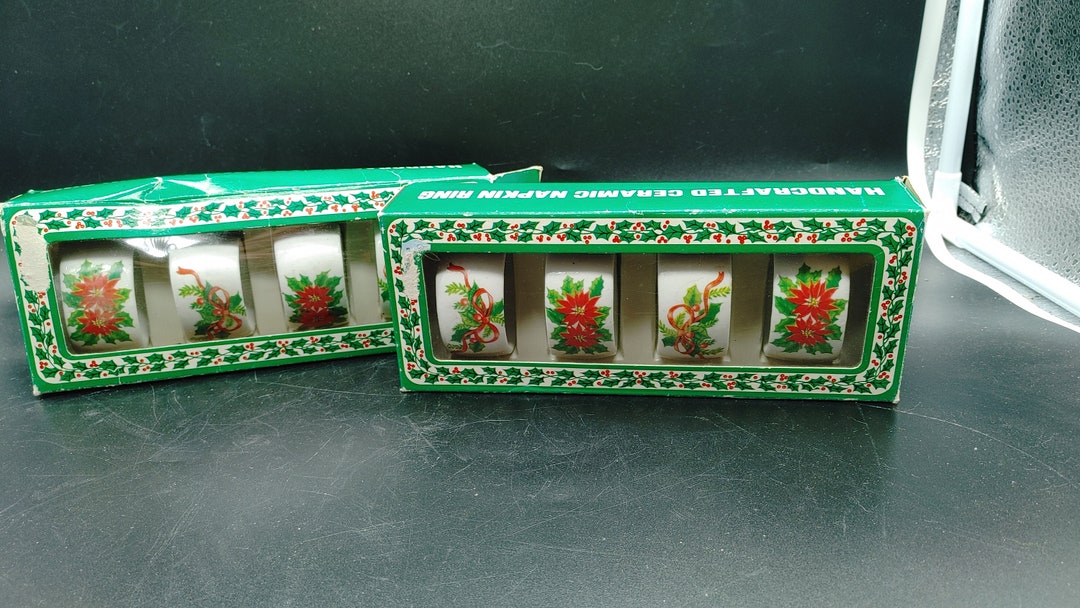 Vintage, Set of 4, Ceramic, Napkin Ring Holders, Christmas, Poinsettia