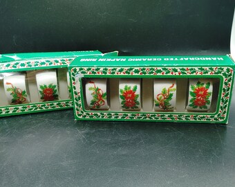 Vintage, Set of 4, Ceramic, Napkin Ring Holders, Christmas, Poinsettia, 1960's, Christmas, table decoration, Hostess Gift