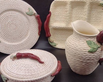 Vintage, Fitz and Floyd, Basket Weave, Red Chili Pepper, Pattern, Very Rare,