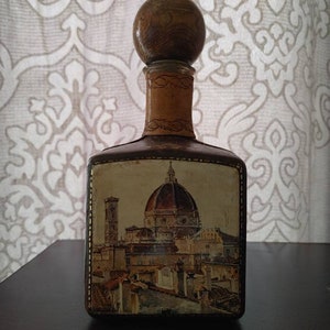 Vintage, Leather Wrapped, Italian Bottle, Brown Glass, Decanter, Original Wood Stopper, Fausto Conturi, Vatican City Motif, Rare