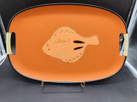Mid-Century Modern Tilso Serving Tray, Orange Fiberboard Fish Design, Made in Japan