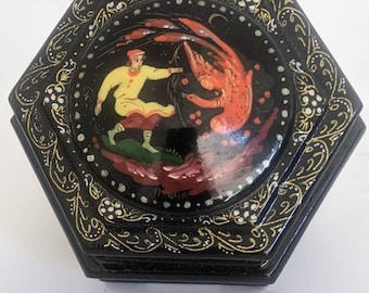 on hold for Nataly Russian Lacquer, Box, Signed, Tells a story, Folklore, Rare, Trinket Box, Ring Holder, Pin Box, Christmas Gift