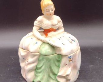 Vintage, Victorian Lady, Trinket Box, Hand Painted, Porcelain, Dresser Box, Boudoir, 1940&#39;s