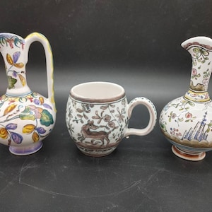Jarrones vintage, muy coloridos, pintados a mano y firmados por Berardos, Portugal, raros, tres estilos, estilo del siglo XVII.