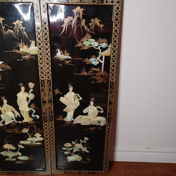 VTG, nacre, laque, asiatique, panneau, tentures murales, ensemble de deux, rare, geisha, fleurs, hollywood regency