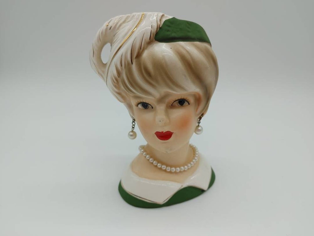 Lady Head Vase Fancy Hat Relpo K1661 Blonde Feather Etsy