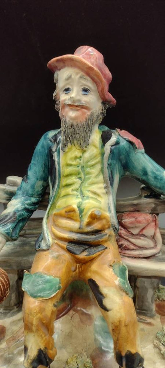 Vintage, Capodimonte, Tramp, Sitting on Bench, With Wine Bottle