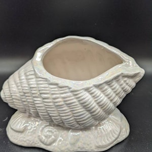 May include: A white ceramic seashell planter with a textured surface. The planter is shaped like a seashell and has a base that resembles a rocky shore.