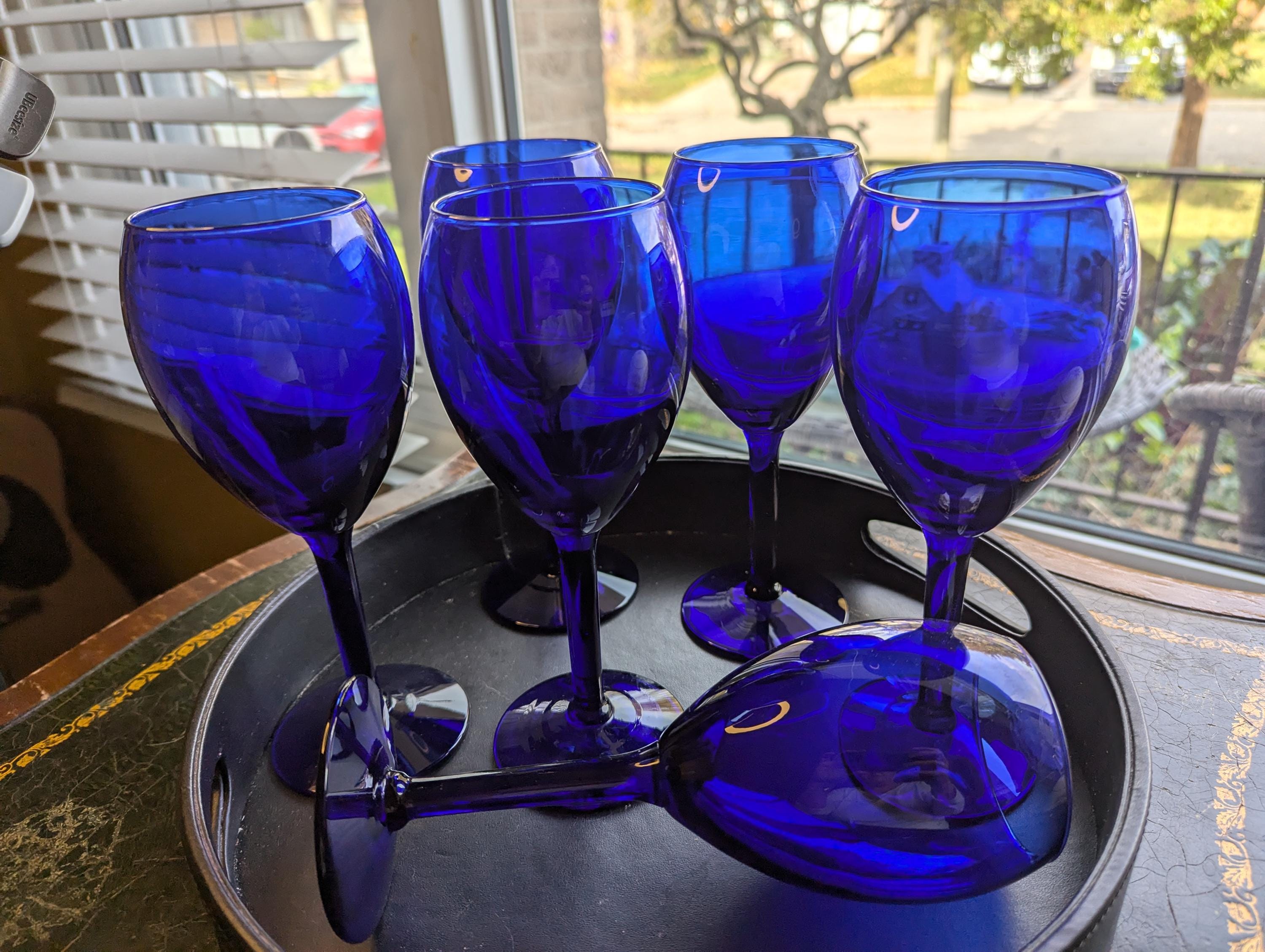 Vintage, Cobalt Blue, Wine Glasses, Set of Six, Stemware, Dark