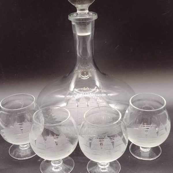 Vintage, Romanian, Toscany Crystal, Etched, Clipper Ship, Decanter Bottle, With Stopper, and 4 brandy glasses