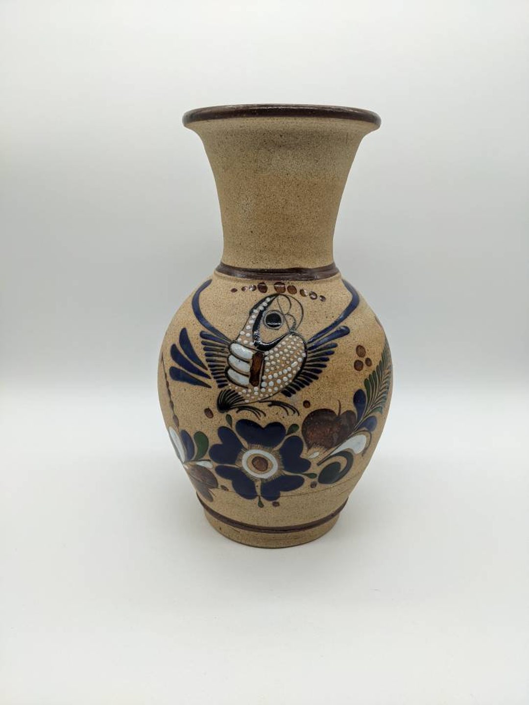 手描き 鳥と花 陶器 花瓶（トナラ焼） ヴィンテージ トナラ花瓶、手描きの鳥と花のデザイン、11インチ - Etsy