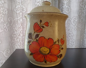 Vintage, Poppy, Valencia, Stoneware, Canister, 10" Orange Flower Cookie Jar, Mid Century Modern