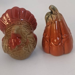 Thanksgiving, Salt and Pepper Shakers, Turkey and Pumpkin, Rare Find, Dress up Your Table, Festive Reds and Golds, Hostess Gift, Collector