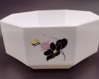 Bol octogonal de vidrio opalino Anais de Acropol France, con motivo floral.