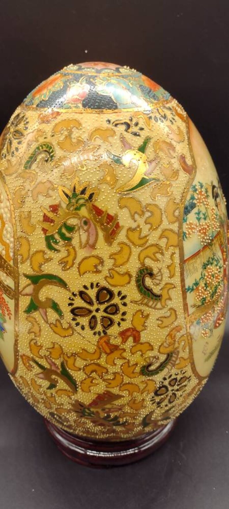 Vintage Satsuma, Hand Painted, Porcelain, Vase, Large, Egg Shape, on