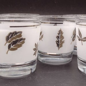 Mid Century Mod, Libbey Glass, Silver Leaf, Frosted, Whiskey Glasses, - Set of 5
