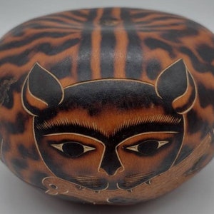 Vintage, Signed, Hand Carved, and Painted, Gourd, Cesar Aquino Veli, Handcrafted Gourd, Shaker, Made in Peru, Rare, Bird/Cat Design