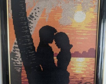 Vintage , Large , Boho ,  Needlepoint , Wall Art , Romantic , Sunset , Palm trees , Beach ,  One of a kind ,  Conversation Starter, Rare